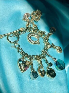 Juicy Couture Gold-Tone Charm Bracelet Blue-Green Crystal Pink Accent Euc